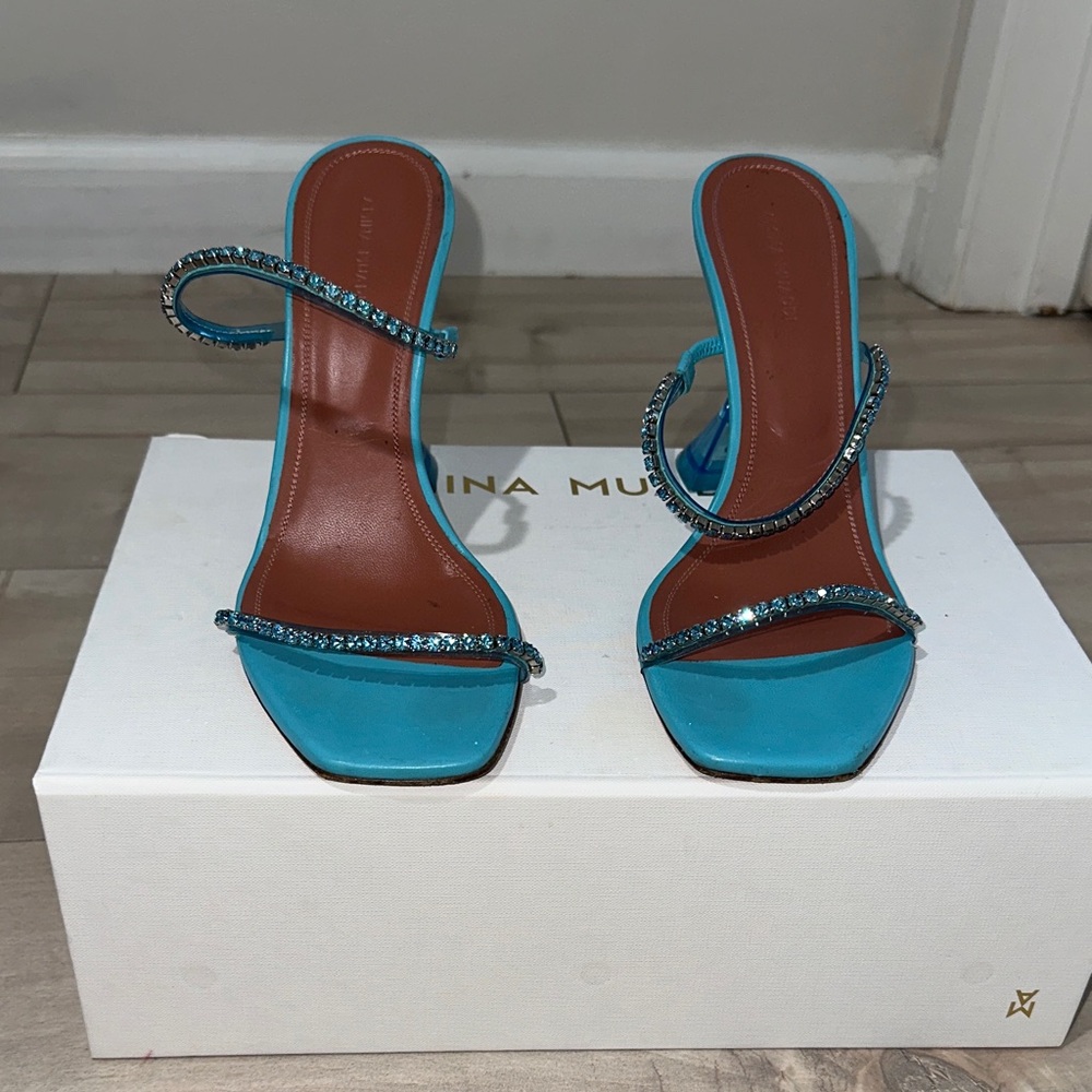 Amina Muaddi Gilda Glass Slipper Aqua Blue Embellished Heels